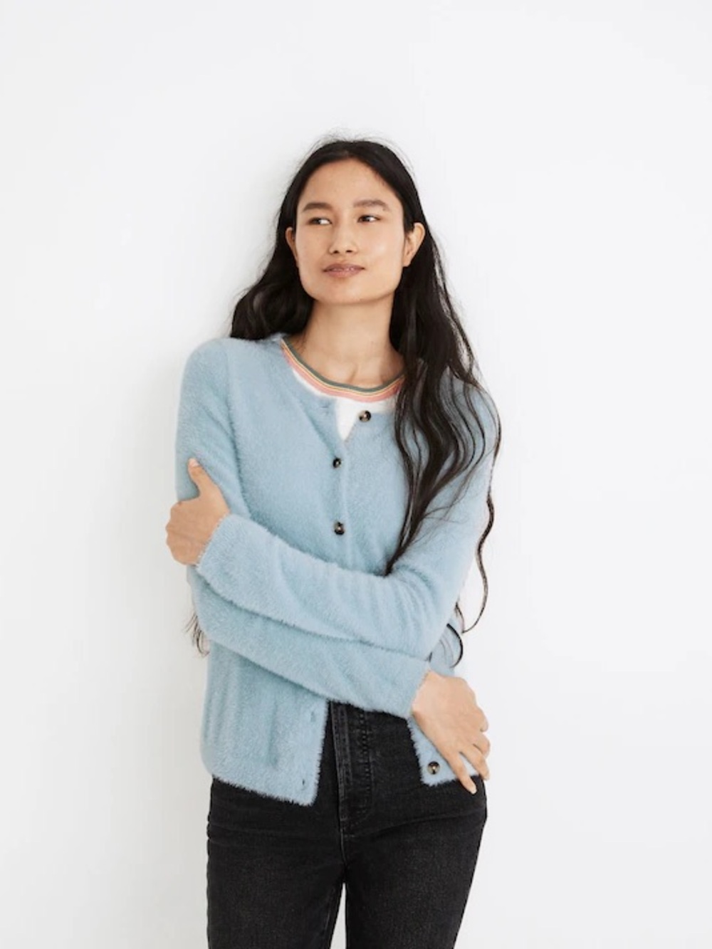 Madewell Soft Blue Fuzzy Button Front Cardigan